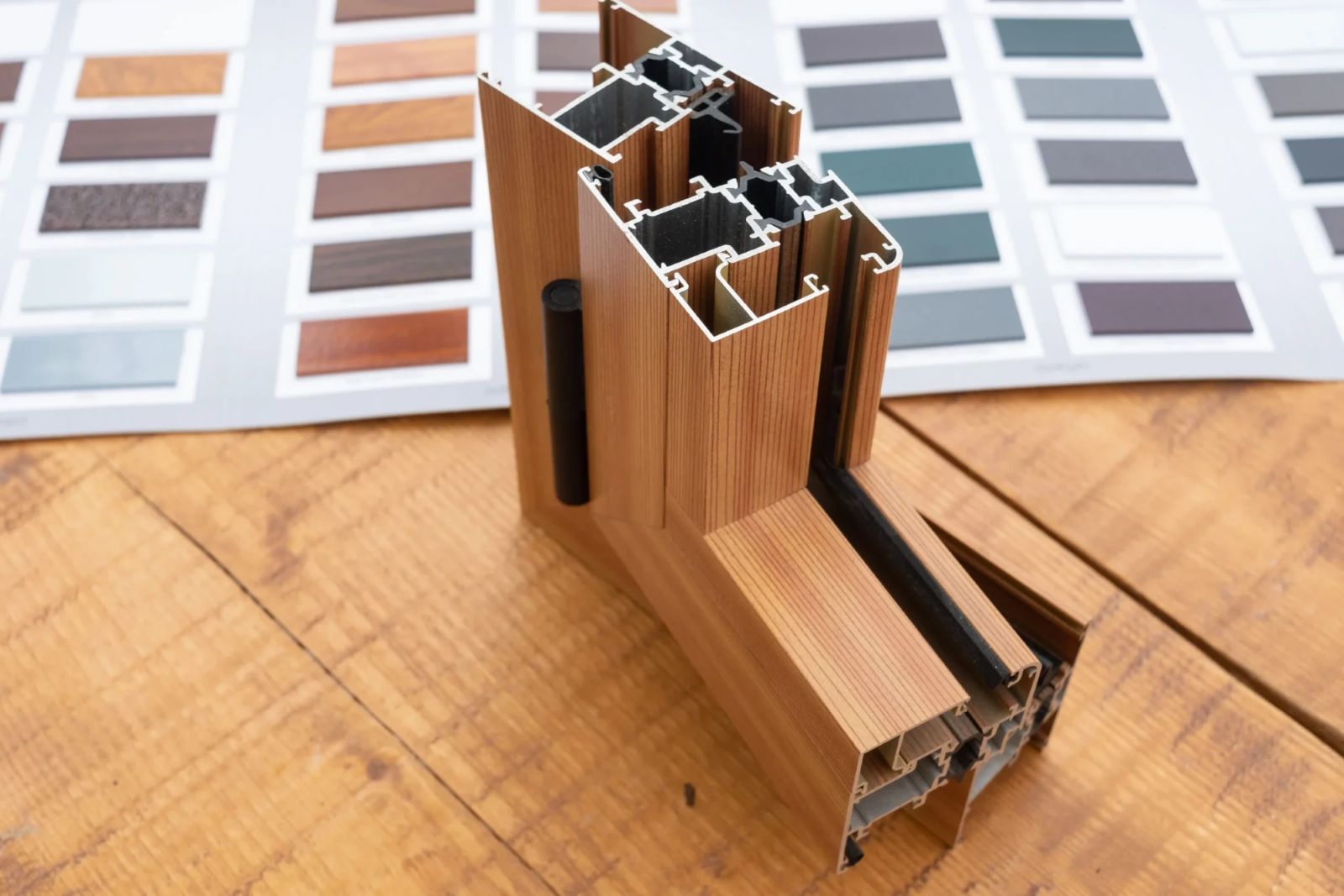 Cutaway of a woodgrain-finish aluminium frame